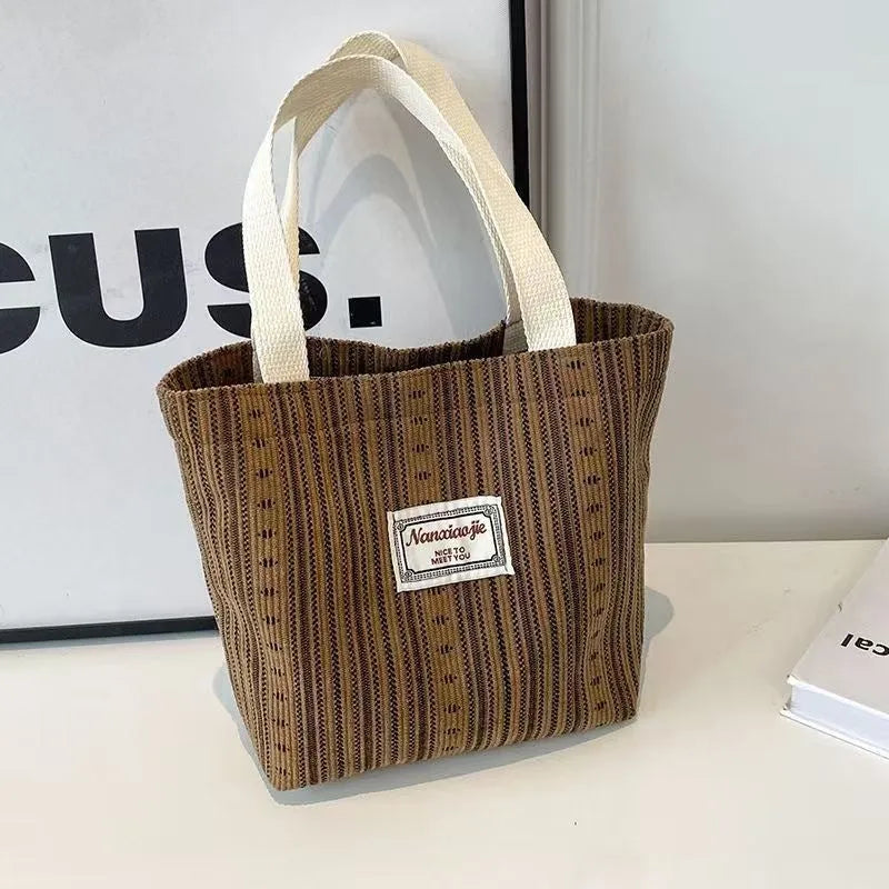 Japanese style corduroy women's shoulder bag in dark brown, grey and ivory white colours
