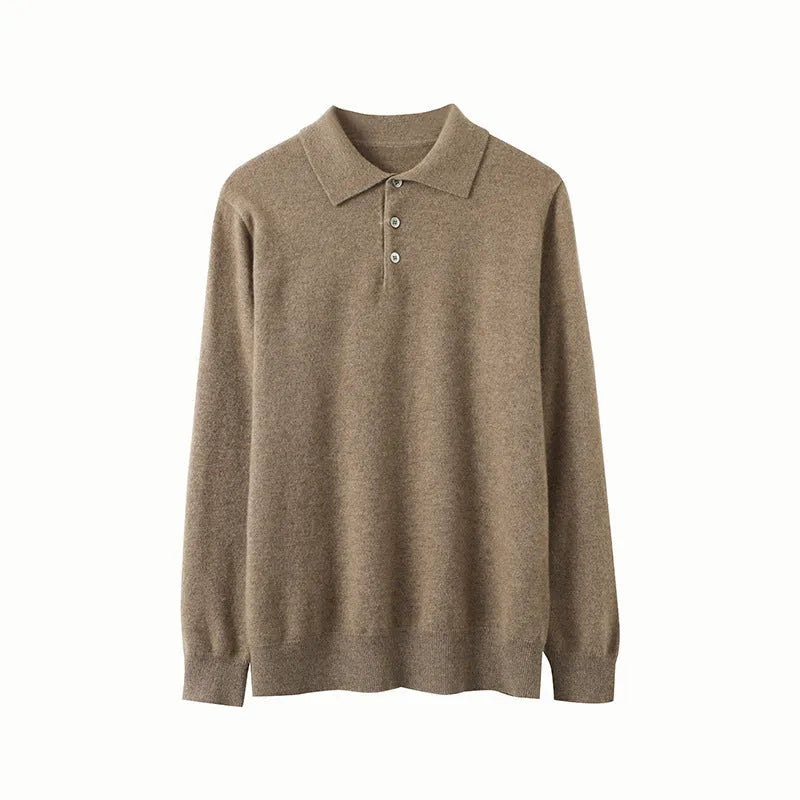 Man wearing a sapphire blue cashmere polo collar loose-fit pullover sweater