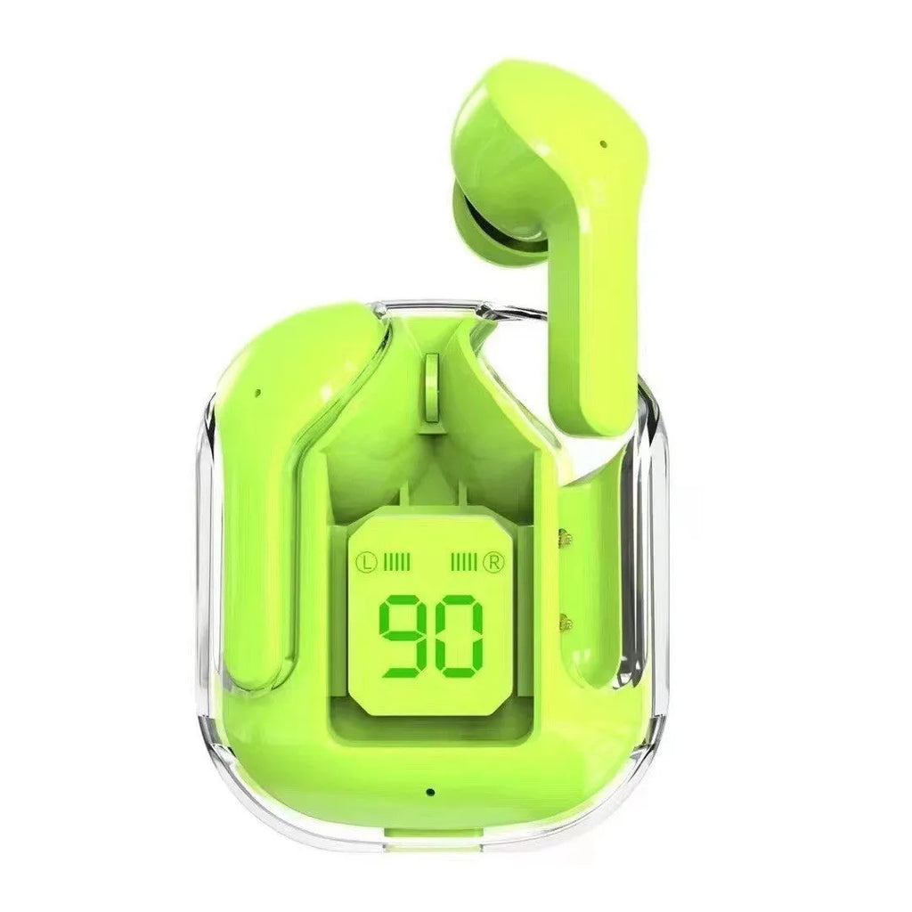 True wireless Bluetooth earphones with transparent space capsule charging case showing digital display screen