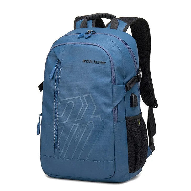 Blue plaid pattern 18-inch casual computer backpack with curved shoulder strap