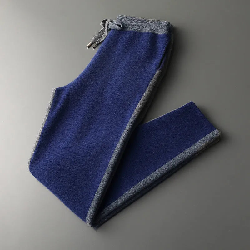 Men's cashmere blend cardigan suit with half turtleneck zip and matching trousers in winter colours
