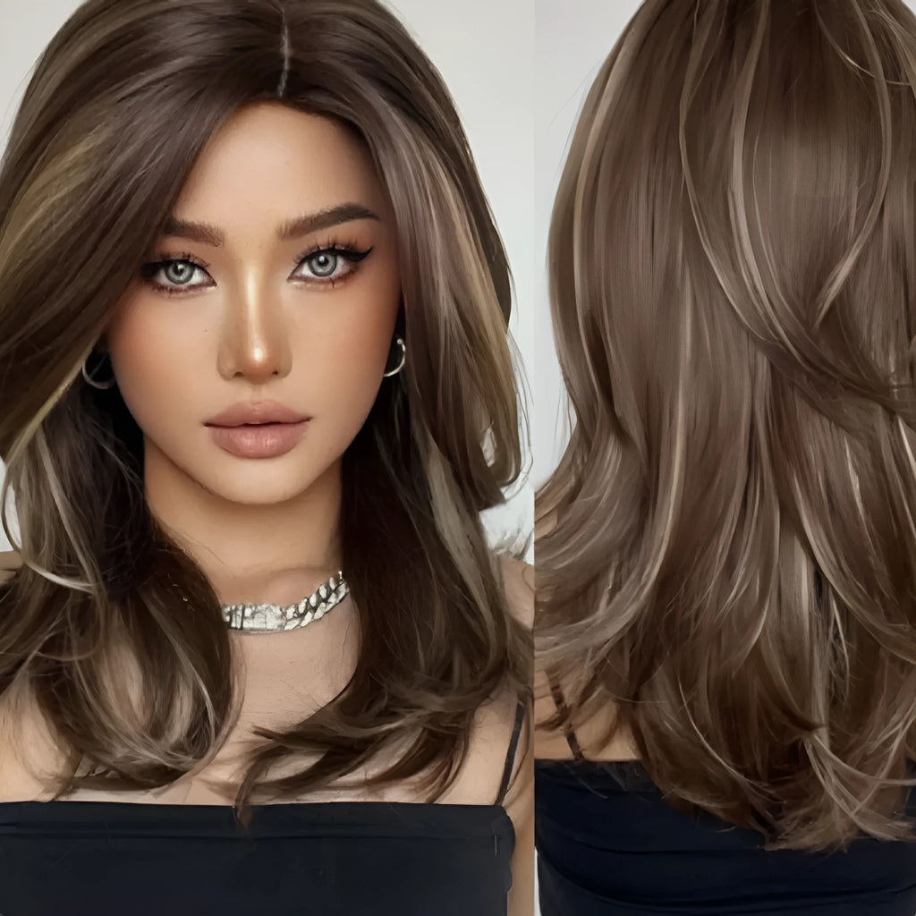 Mid-length platinum gradient colour wig with curly hair and fringe on model