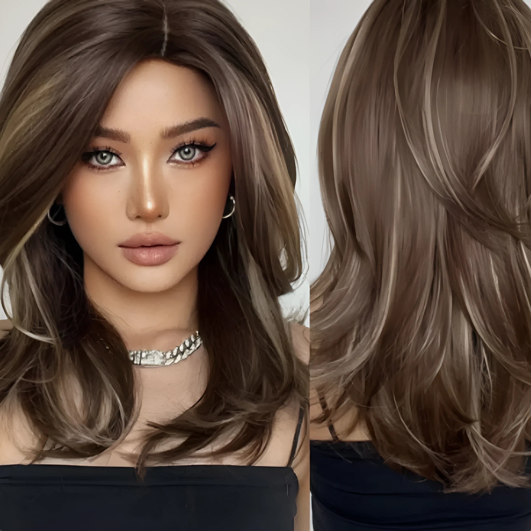 Mid-length platinum gradient colour wig with curly hair and fringe on model