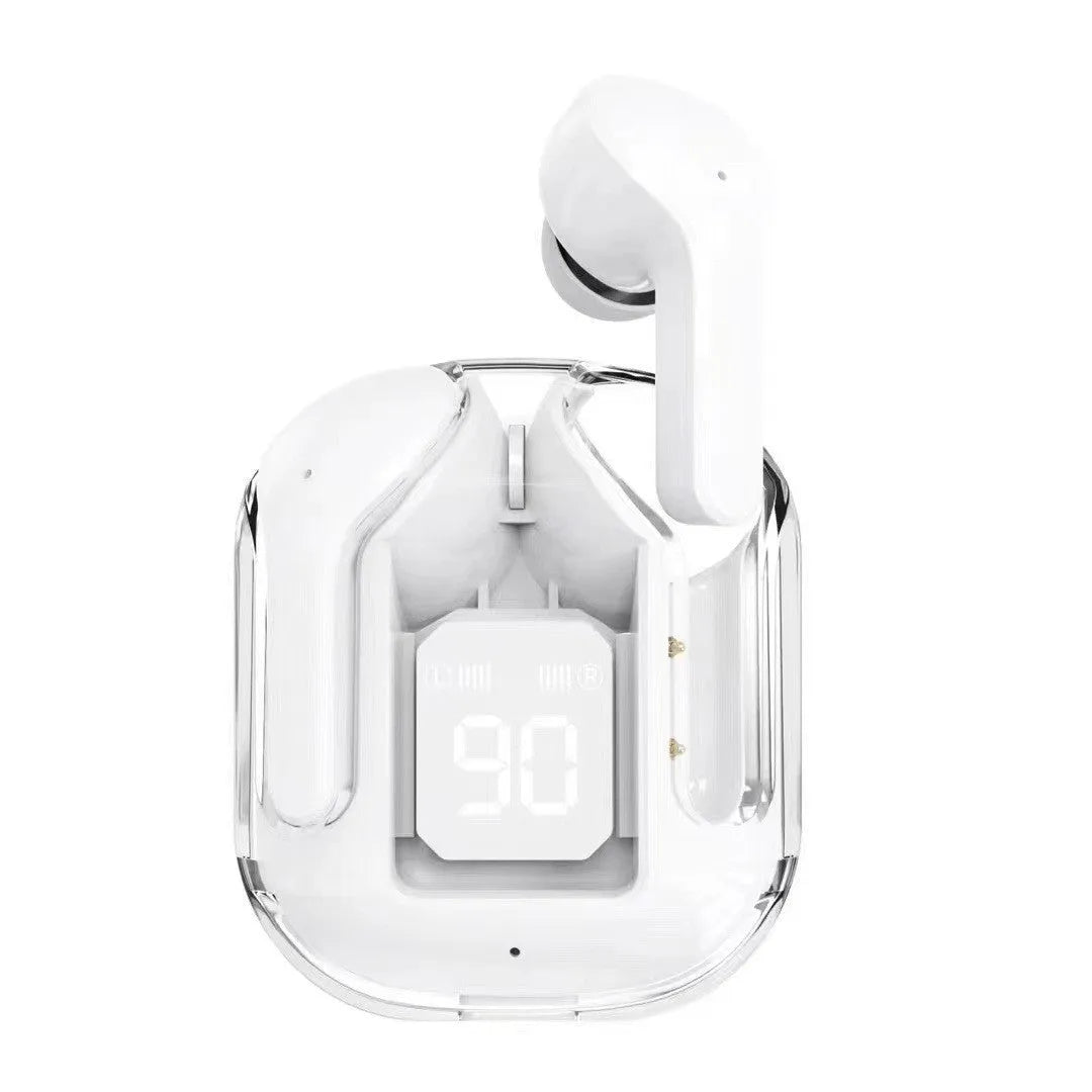True wireless Bluetooth earphones with transparent space capsule charging case showing digital display screen