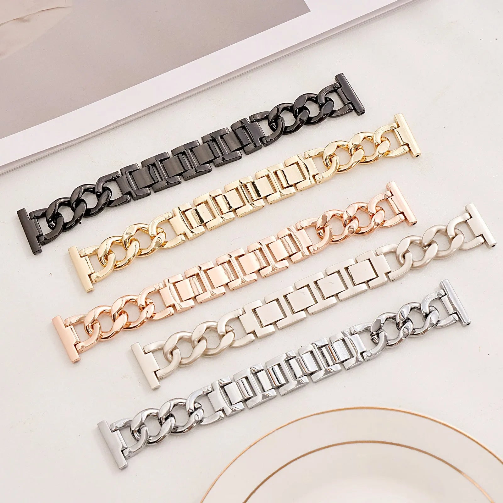 Denim chain metal Apple Watch strap in silver, black, gold, rose gold and Starlight colour options