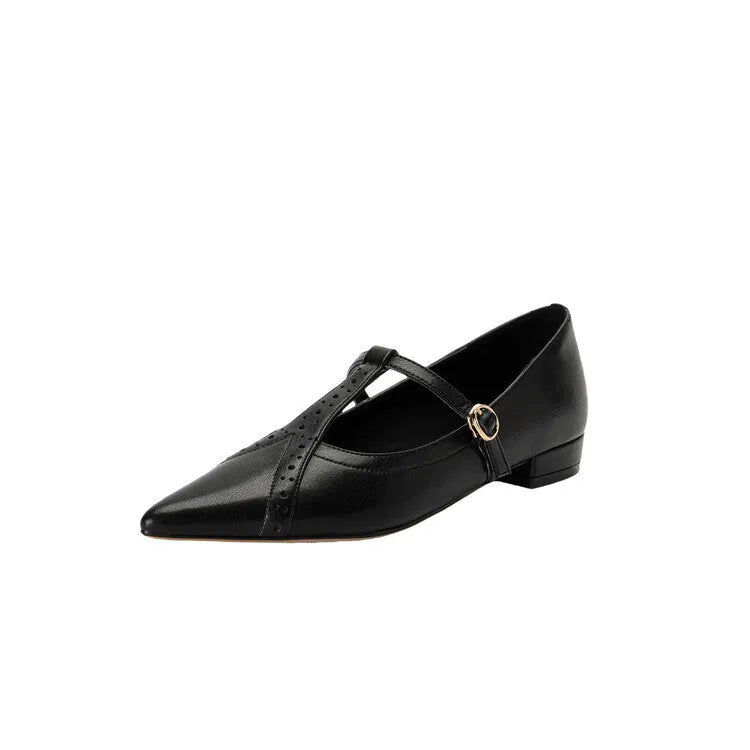 Brown women's round-toe flat shoes with a low heel and metal detail on a leather upper.