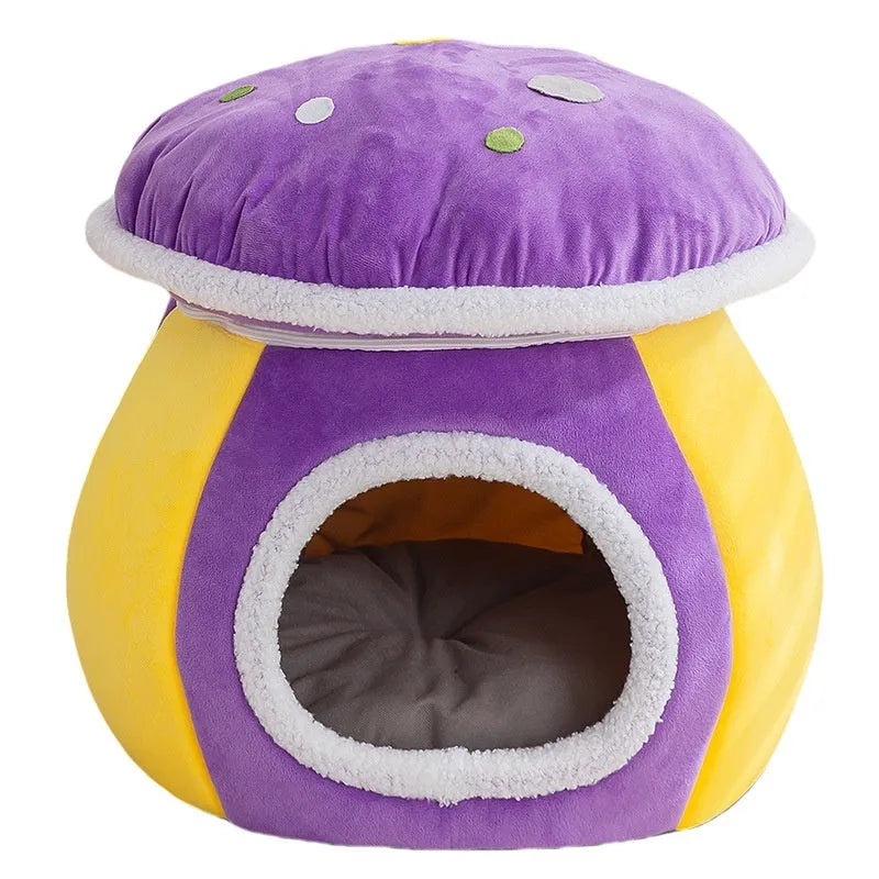 Grey mushroom-shaped hooded cat bed made of soft rabbit plush, shown with a cat inside.