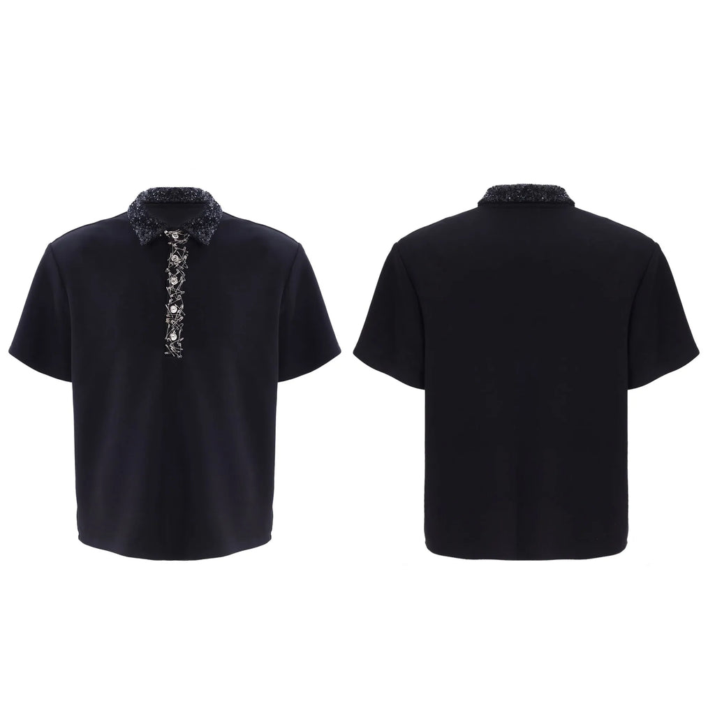 Men's loose fit polo t-shirt with embroidery and sequins on square collar and short sleeves