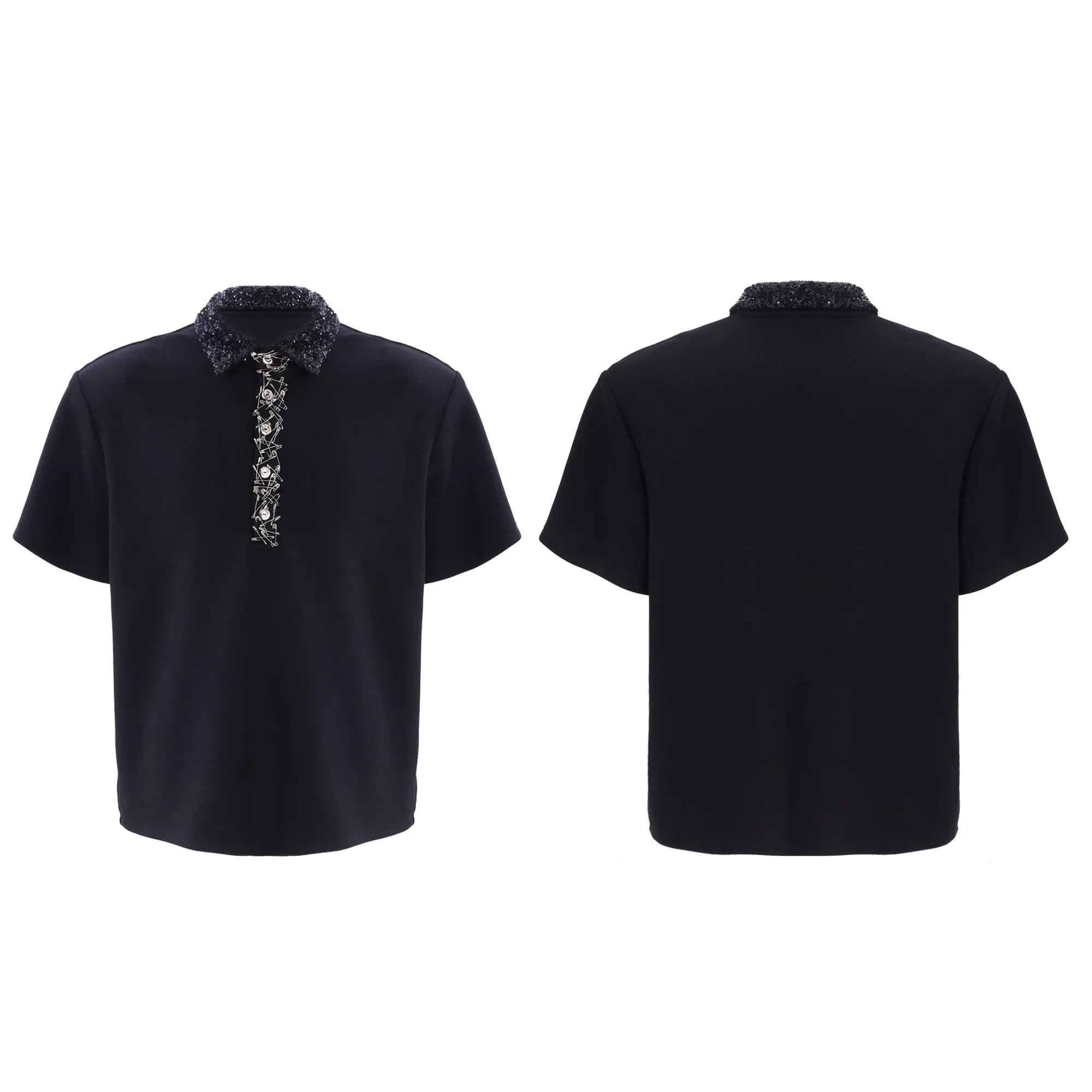 Men's loose fit polo t-shirt with embroidery and sequins on square collar and short sleeves