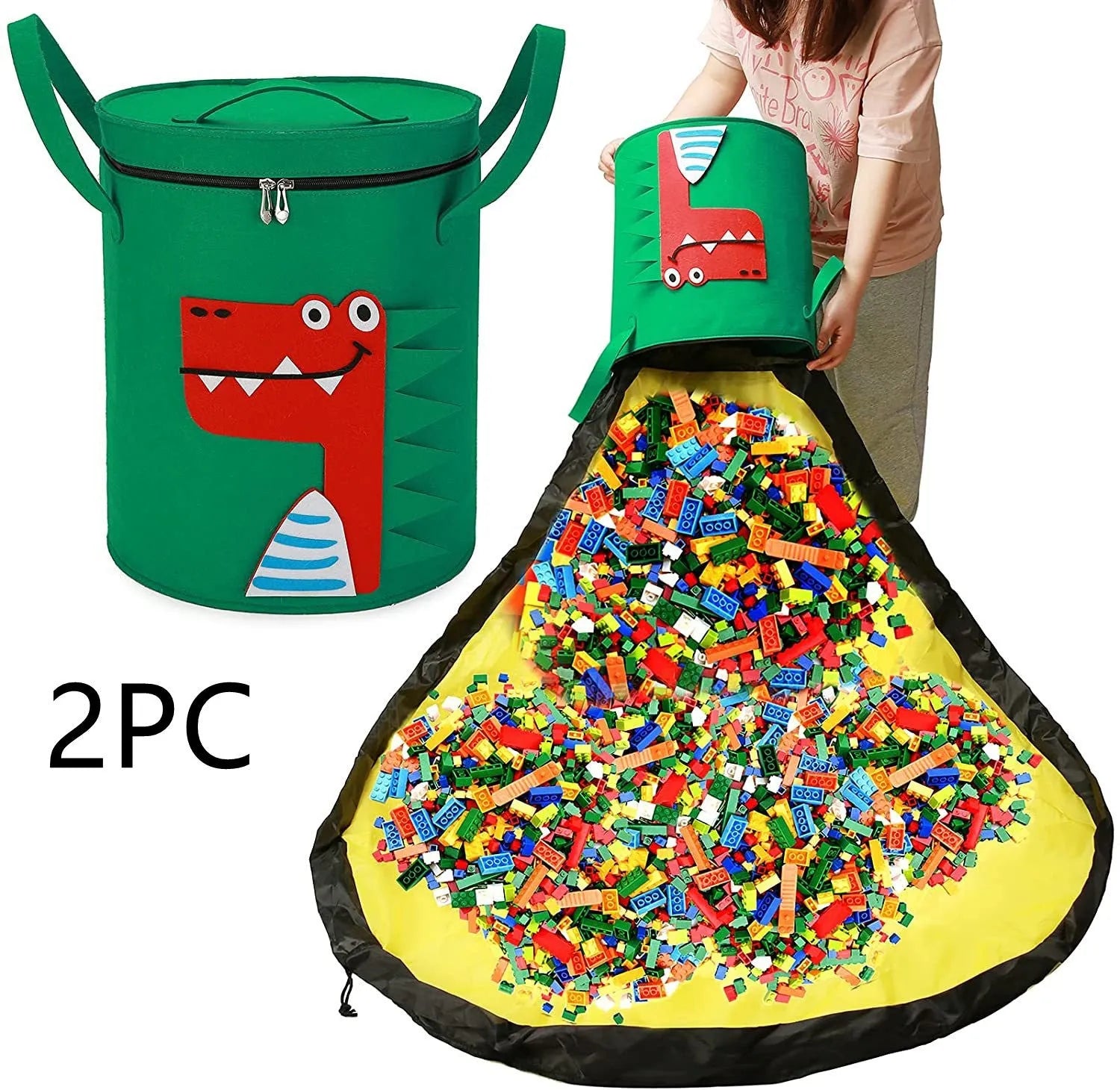 Green felt cube storage bag with pull rope shown as both toy container and play mat