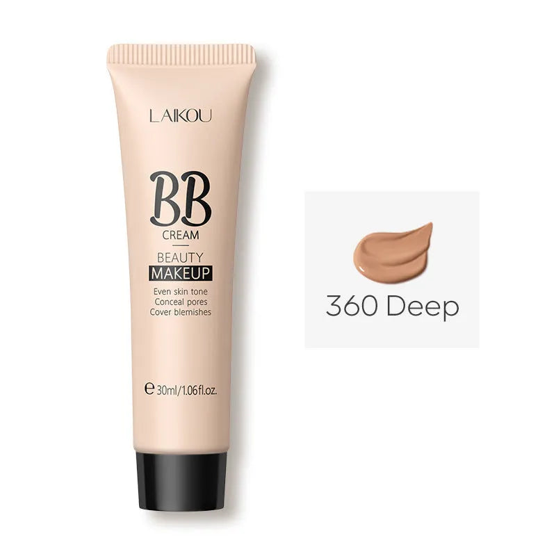 30ml tube of BB cream showing the nine available colour shades from ivory white to brown.