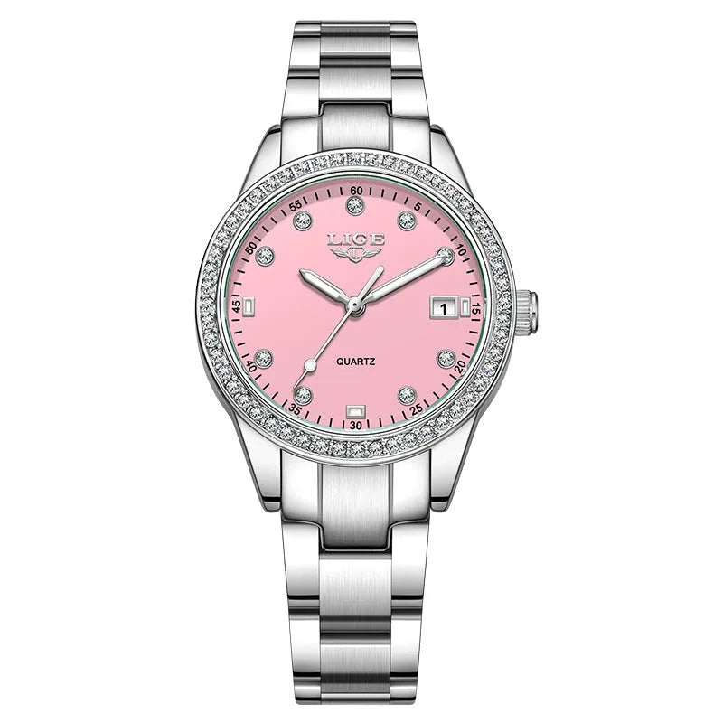 Silver stainless steel women's quartz watch with diamond markers and round dial