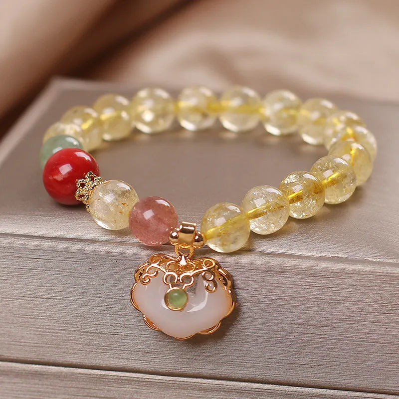 Women's natural citrine jade Ruyi pendant bracelet with yellow hair crystal jade accent on alloy chain