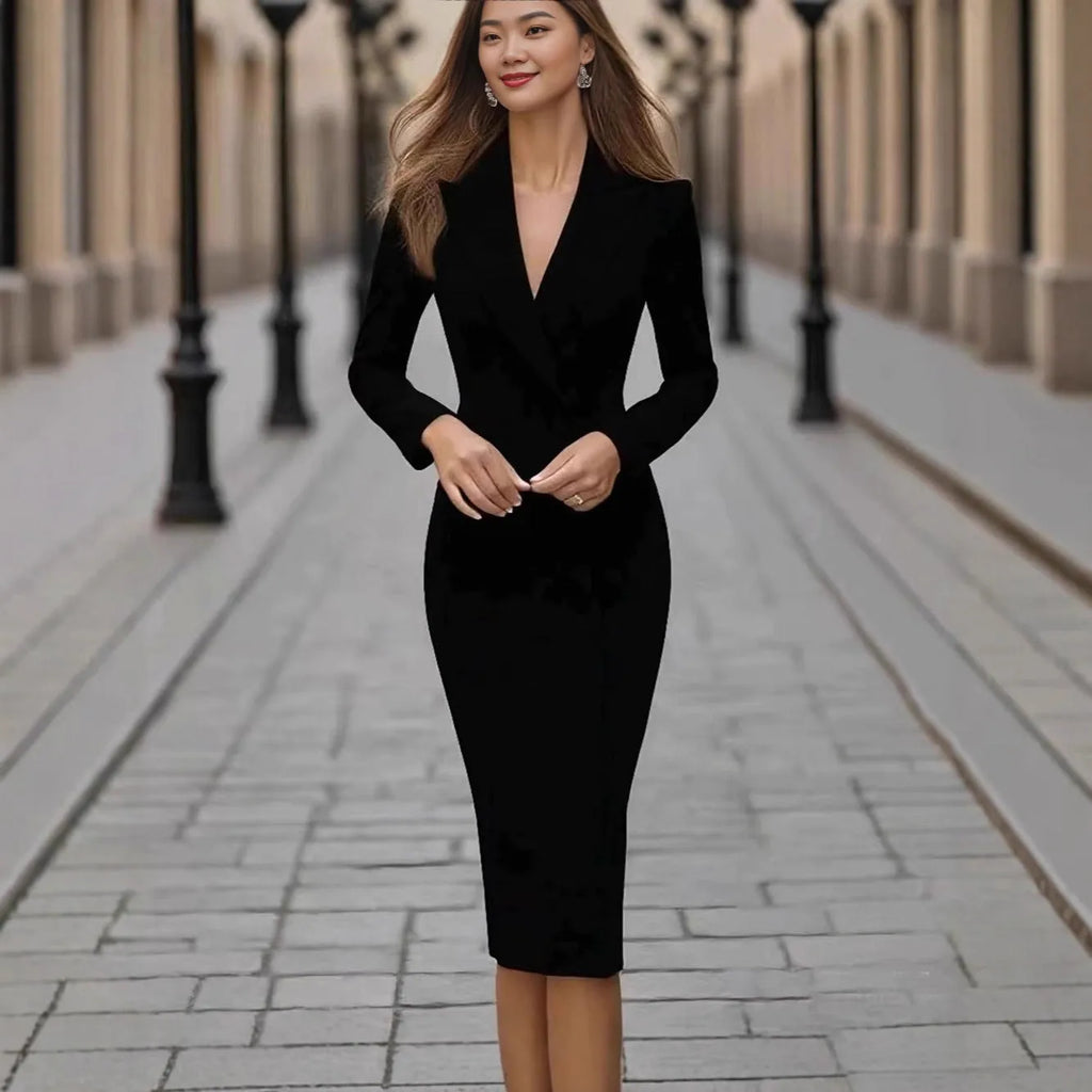 Single-breasted long sleeve coat dress with high waist design in polyester fabric