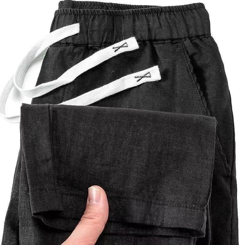 Pure linen Chinese style Li Gao trousers with elastic drawstring waist in a straight leg cut.