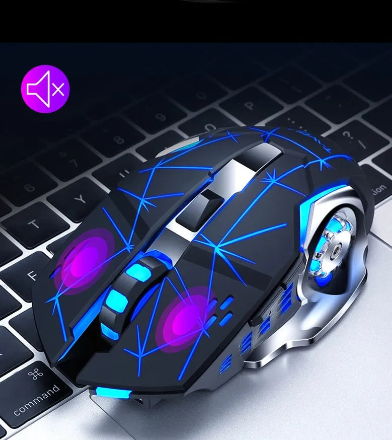 Black and white silent wireless mouse with six buttons showing wireless receiver