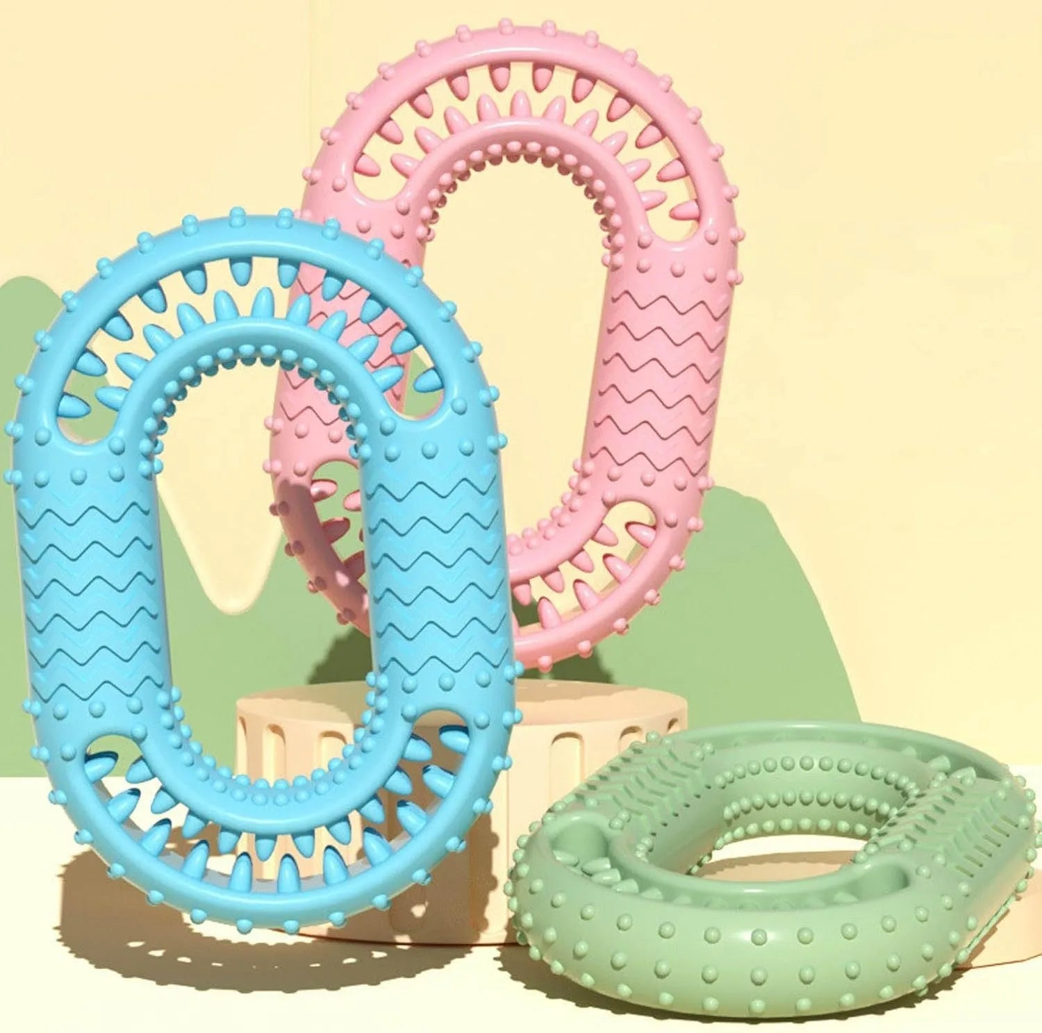 Blue green pink O-ring shaped durable dog chew toy for aggressive chewers size 12.5 cm