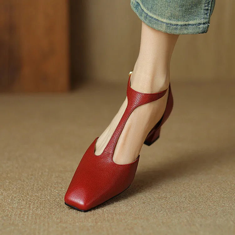 Wine red sheepskin leather shoes with square toe and chunky heel, showing buckle fastening
