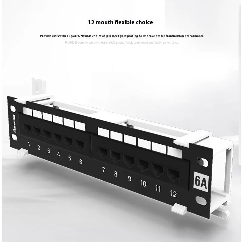 Black 12-port unshielded network patch panel made of steel for home cabling