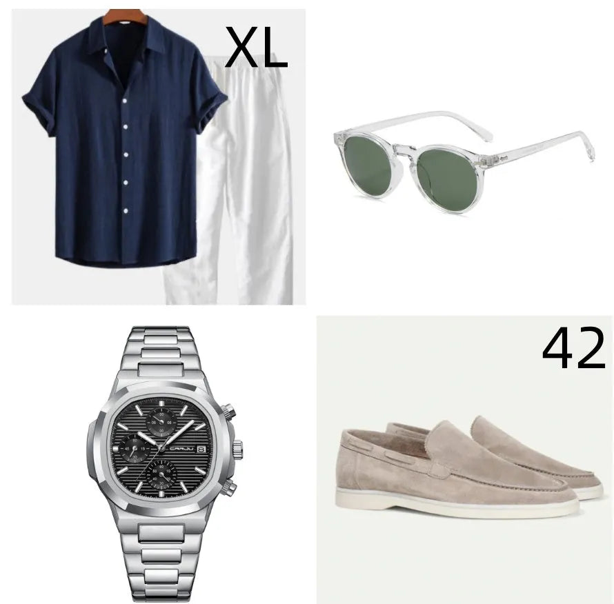 Casual loose cotton linen short sleeve suit in navy blue, shown with glasses, shoes and watch accessories