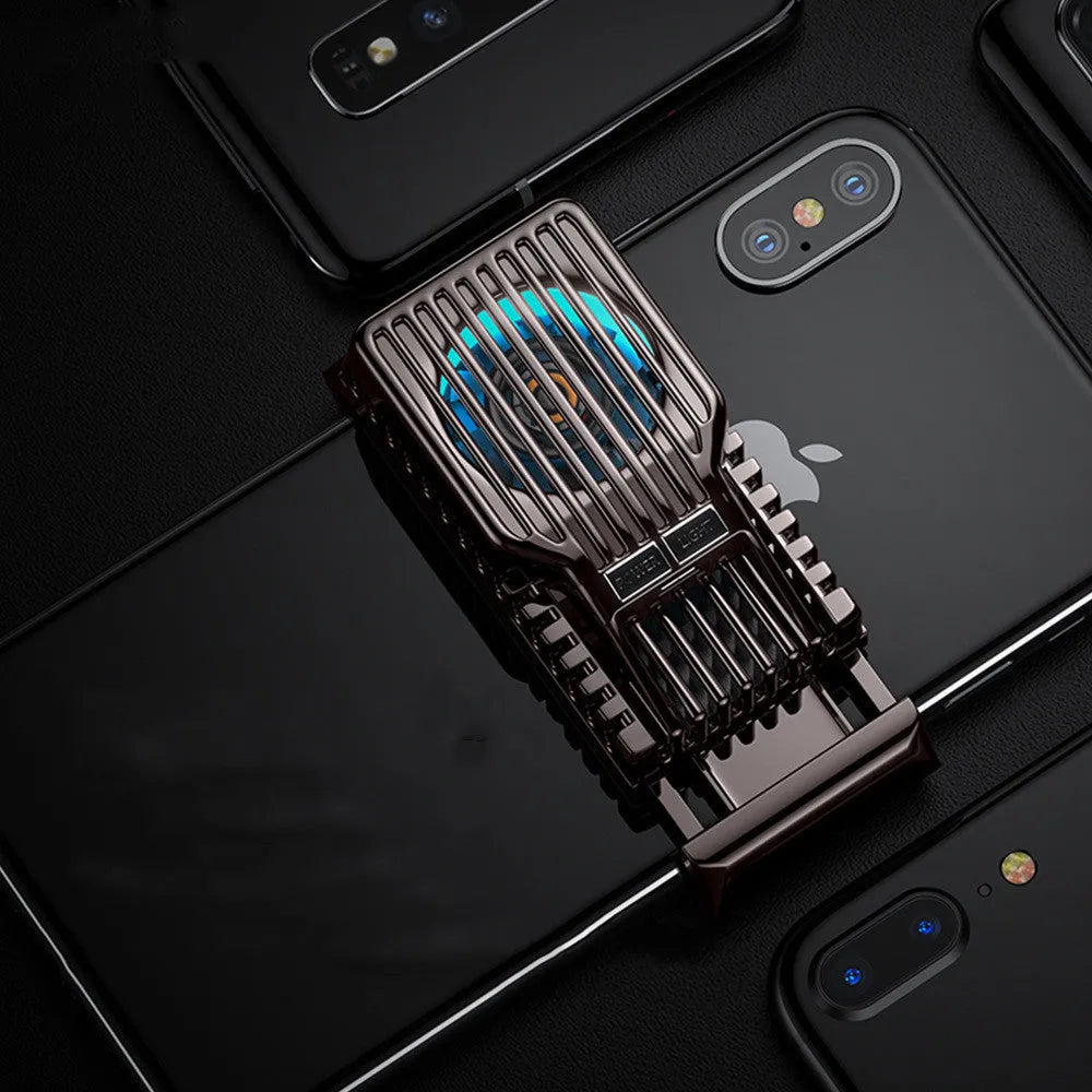 Black mobile phone radiator with clip, attached to a smartphone showing its aluminium alloy and ceramic construction.