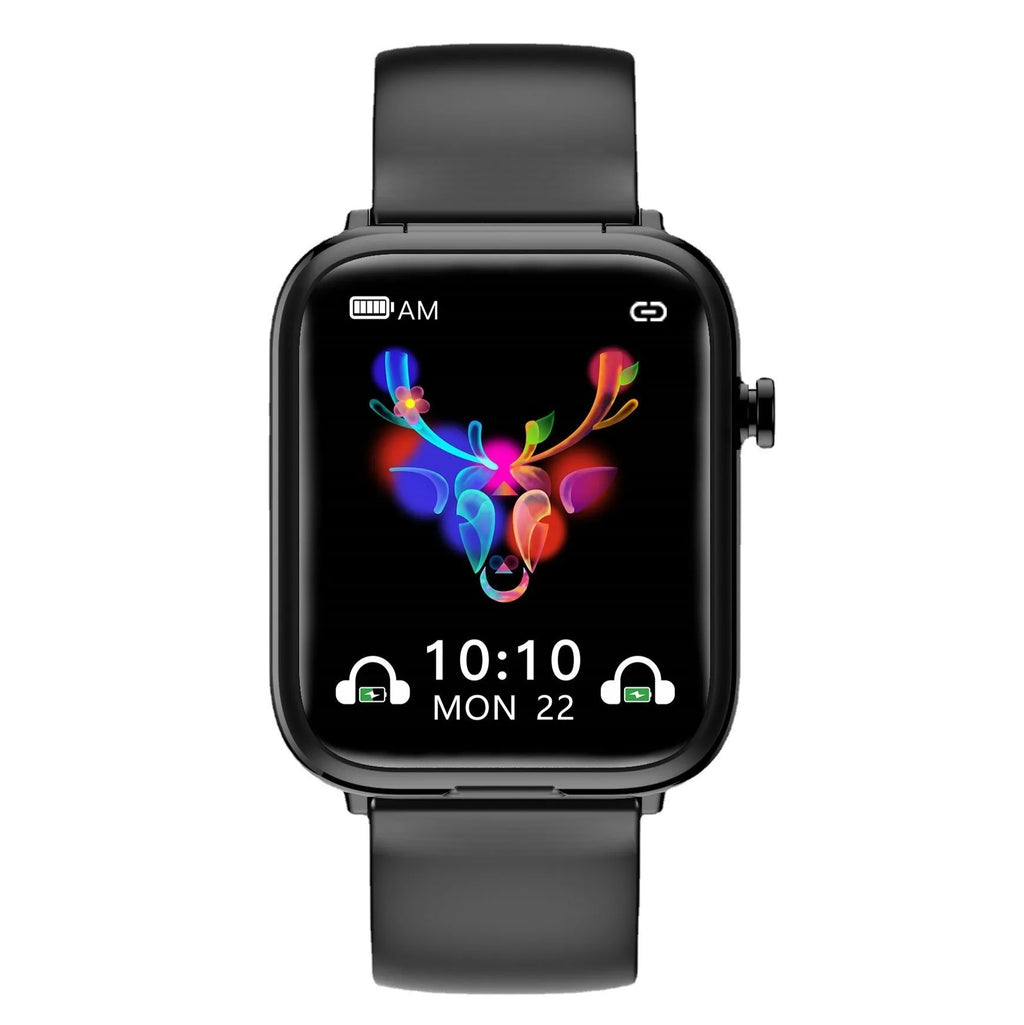 Black smartwatch with touch display and separate Bluetooth earpieces showing heart rate monitoring and call functions