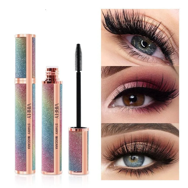 Black waterproof mascara wand for thick, curling lashes with English packaging.