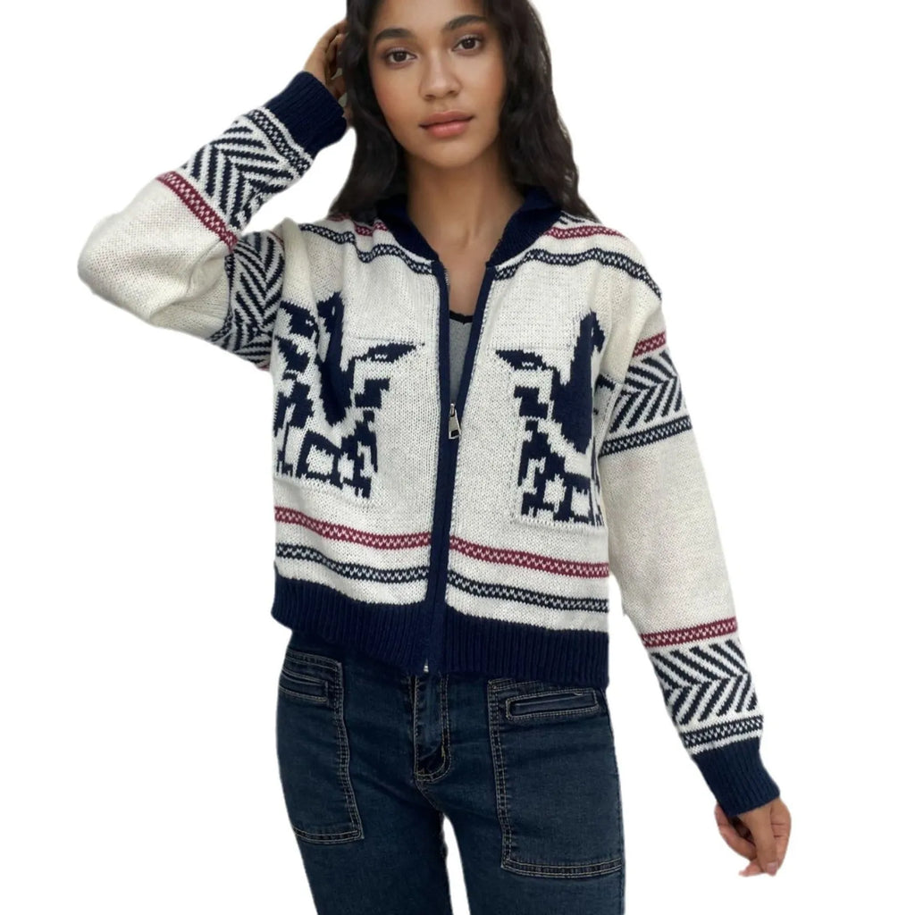 White women's wool cardigan with front zipper, lapel collar, and contrast stripe pattern