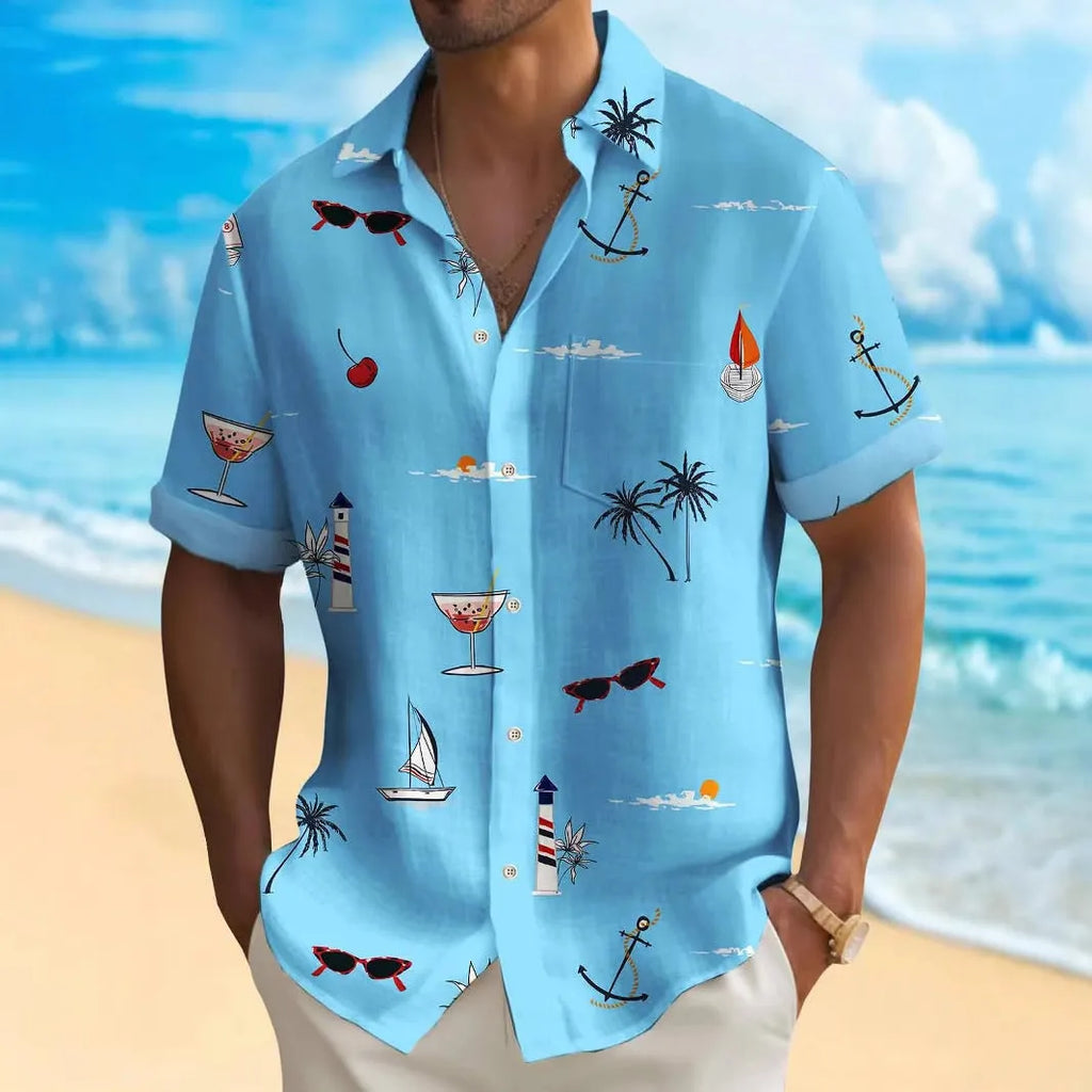 Men's short sleeve Hawaiian print shirt with colourful pattern on polyester fabric.