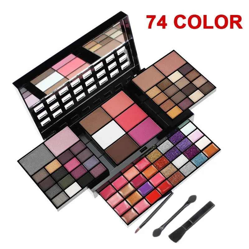 74-colour makeup palette open showing eyeshadows, lip glosses, and face powders with included brushes