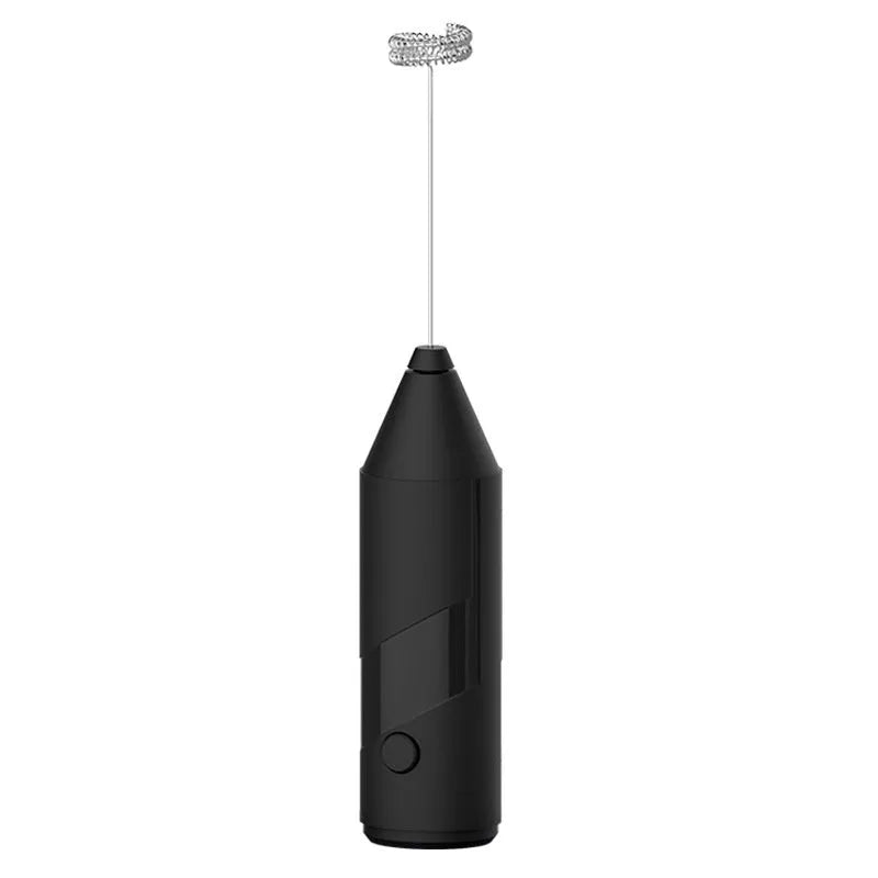 Mini handheld electric milk frother with stainless steel whisk in black colour
