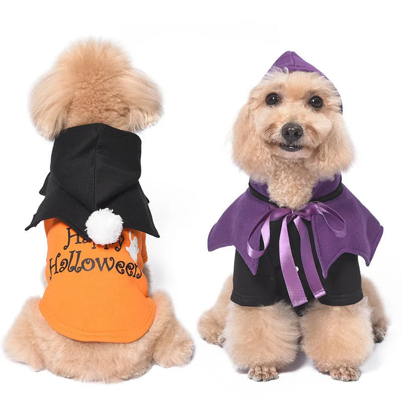 Halloween pumpkin design dog costume two-piece set in cotton material showing black and orange colour options