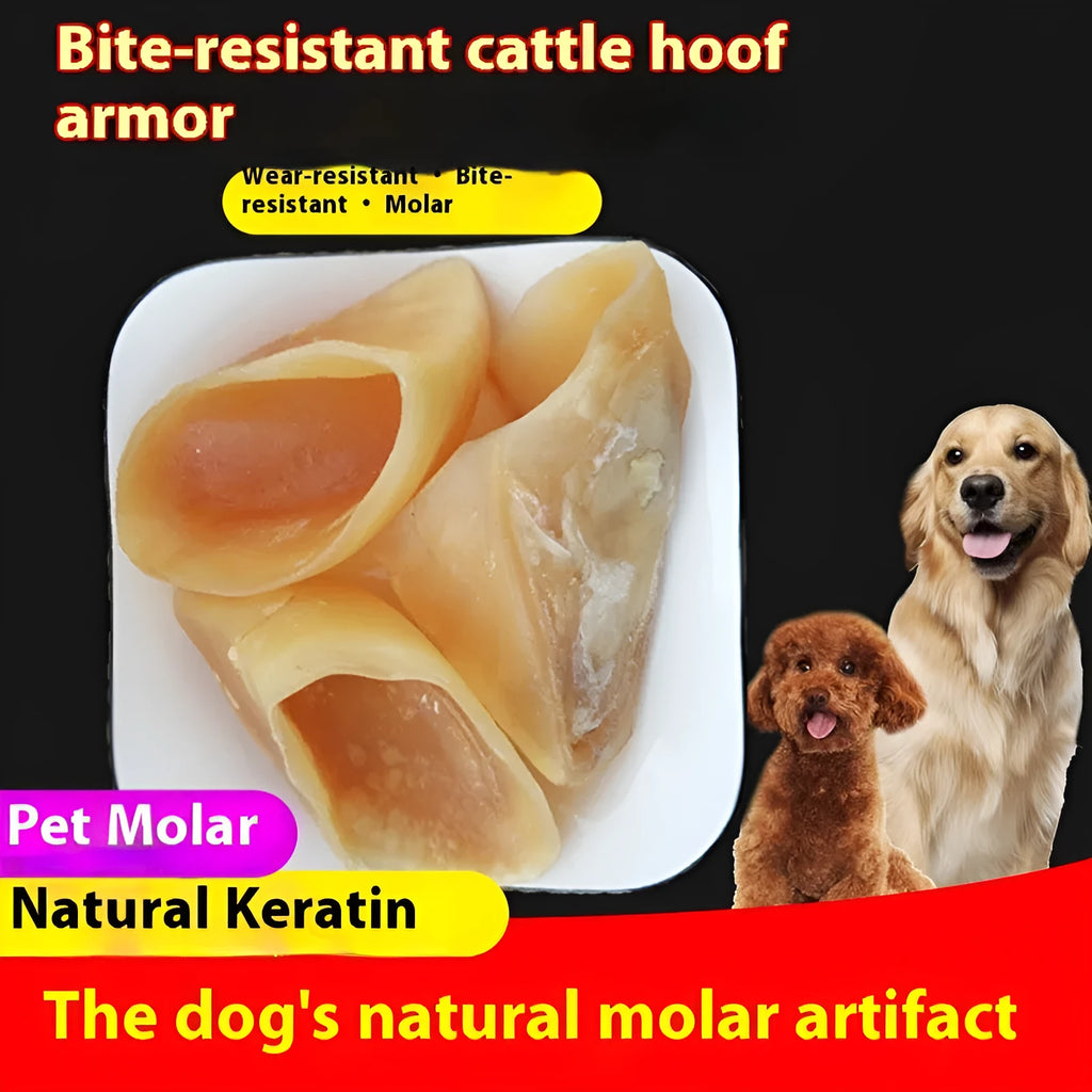 Natural cowhide dog chew toy in hoof shell colour with grinding rod design for small and large dogs