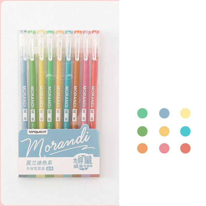 Retro style gel pen set with nine 0.5mm needle tip pens in plastic case measuring 15.2x8.5cm