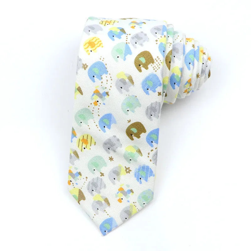 Narrow Korean style cotton bow tie with cartoon print pattern in various colour options
