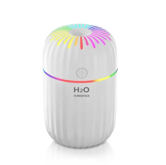 White pink or green mini USB humidifier with 300ml tank measuring 75x75x116mm