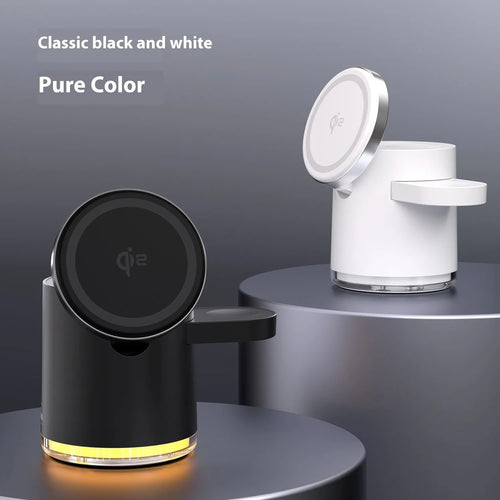C16 ivory white and black magnetic folding three-in-one wireless charger for phone, watch, and earphones.