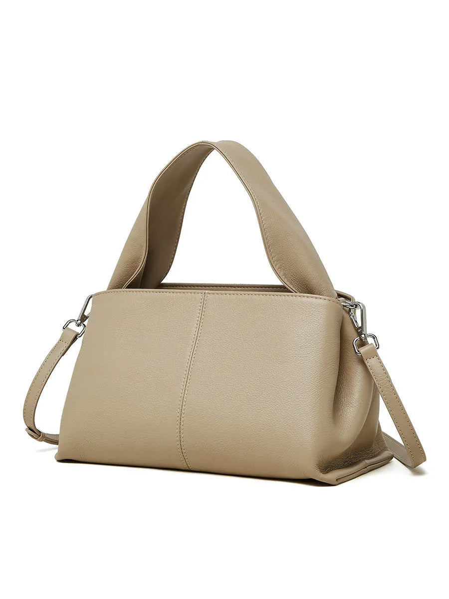 Genuine cowhide leather women's messenger bag in solid colour with double shoulder straps