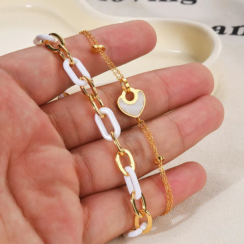 Stainless steel resin bracelet with double-layer loving heart design for women