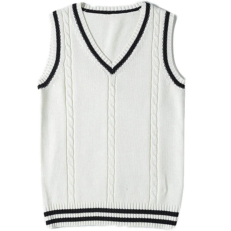 Women's slim-fit V-neck knitted waistcoat with striped stitching in acrylic fibre