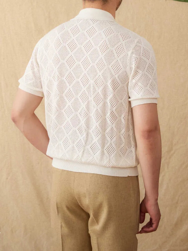 Men's light brown cotton short sleeve cardigan with front zipper and lapel collar showing Asian sizing label