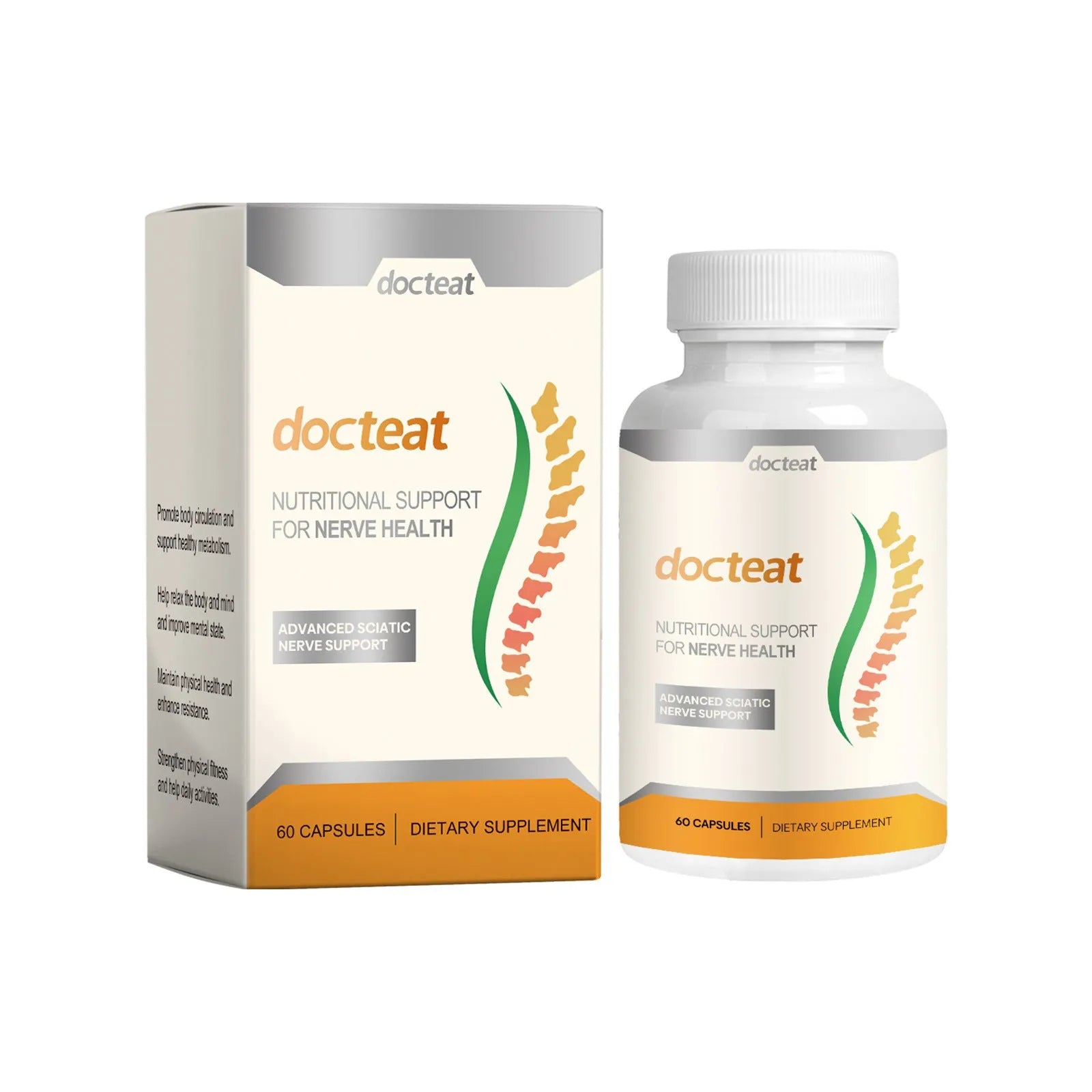 DOCTEAT body care adhesive wrap bottle containing 60 capsules for joint and muscle support.