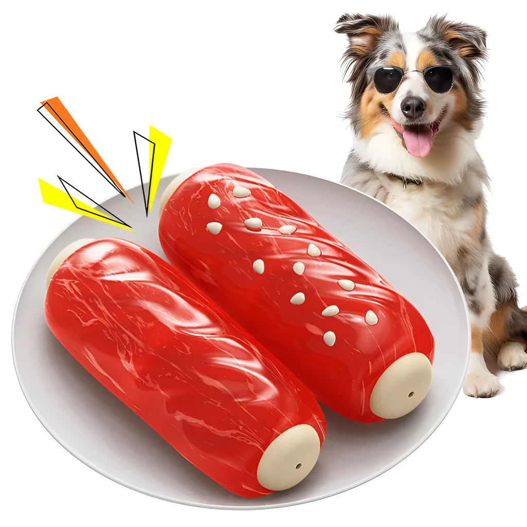 Primary colour plastic dog chew toy with textured molar rod surface and snack compartment