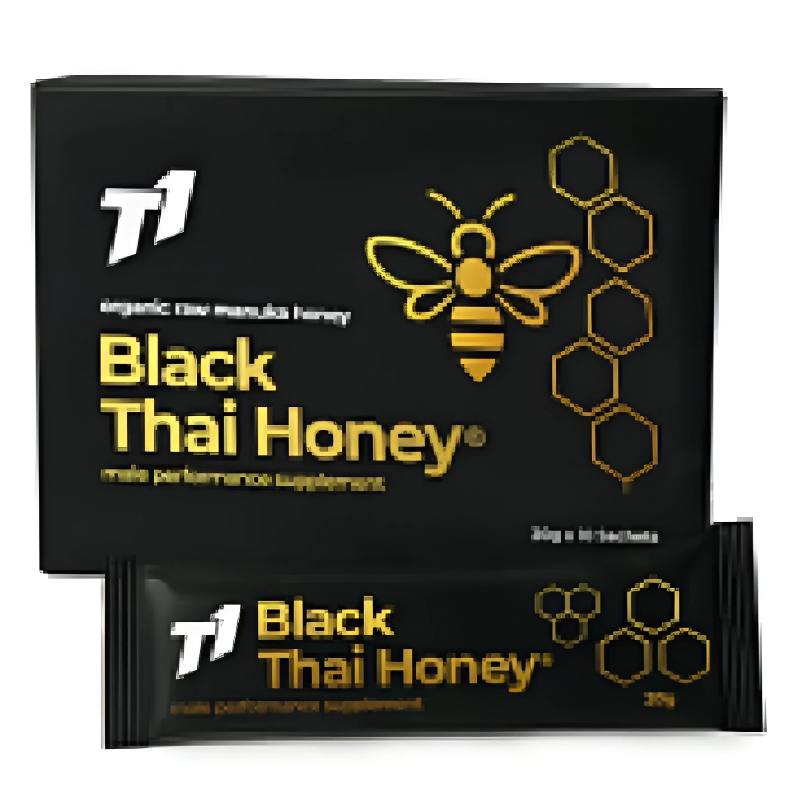 Bottle of T1 Black Thai Honey, a black-coloured honey product.