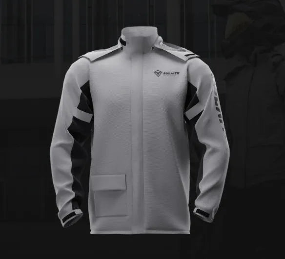 Motorcycle rain suit comprising a black split-style raincoat and rain pants with hidden shoe covers and storage bag.