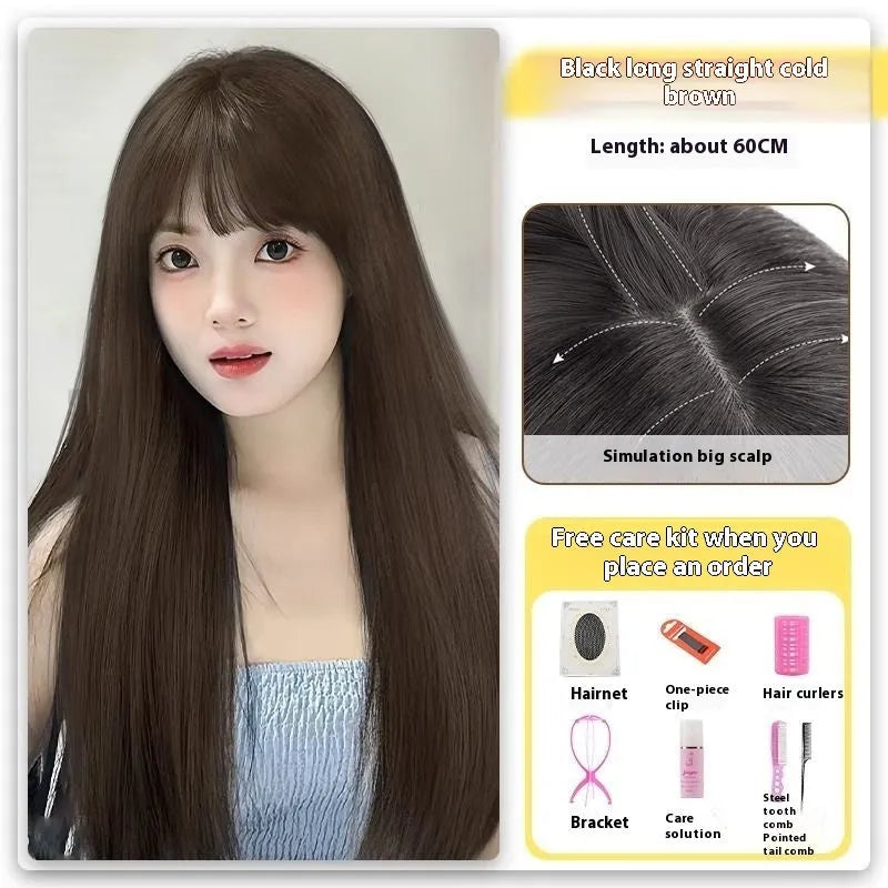 Forehead lace long straight black wig with side bangs in high temperature fibre material