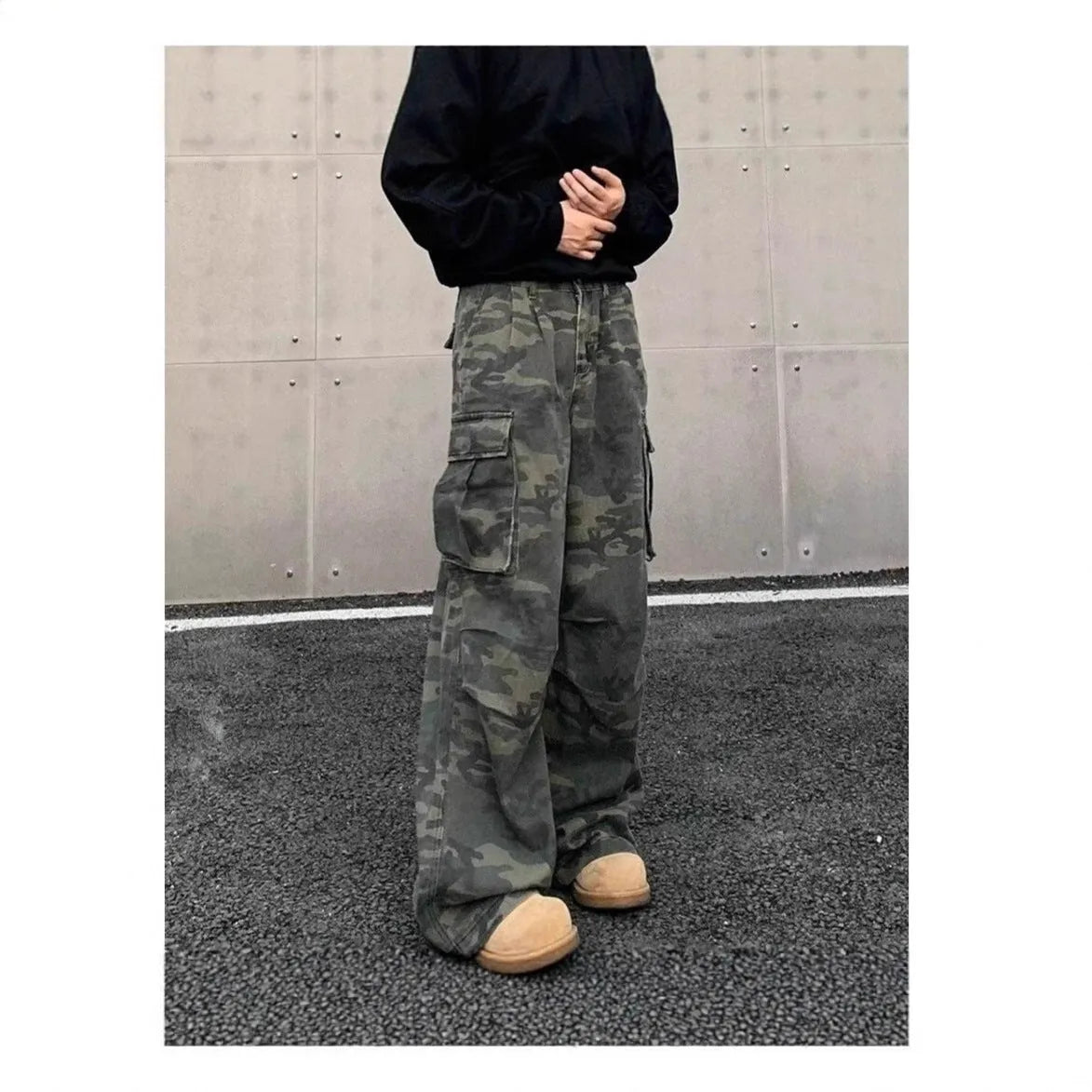 Korean style washed camouflage cargo pants with multiple pockets and mid waist design