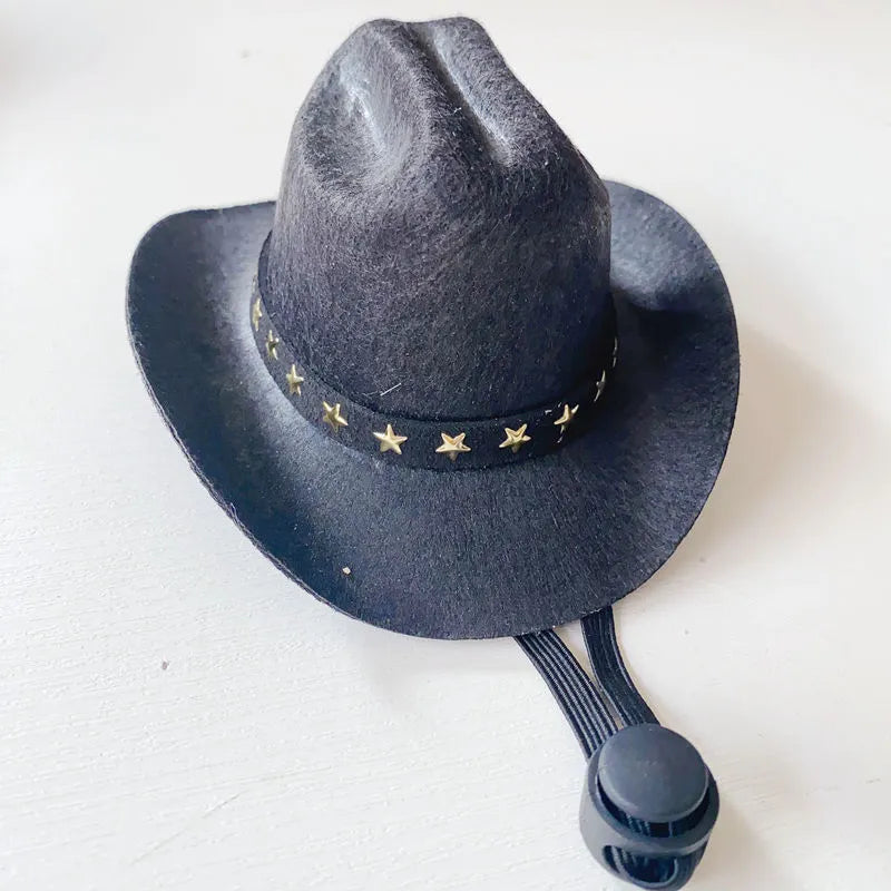 British-style non-woven fabric cowboy hat for a cat, shown in a brown colour with a black ribbon trim.