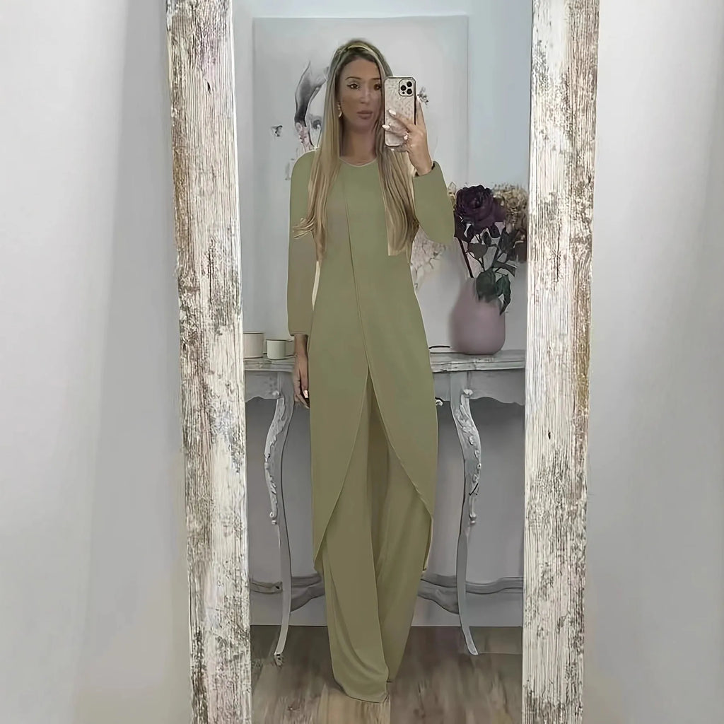 Casual black long sleeve round neck top and loose trousers two-piece lounge wear set.