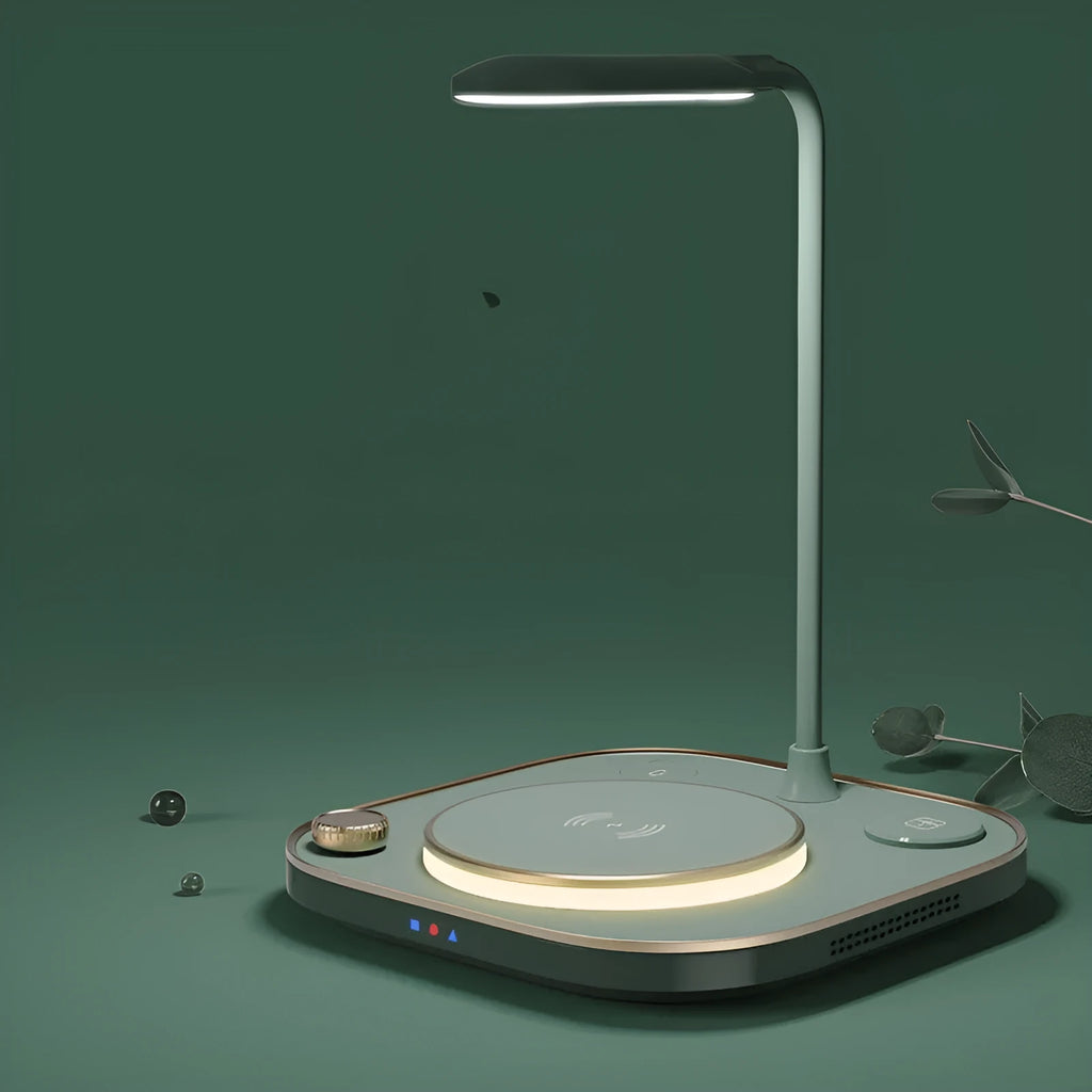 Three-in-one wireless magnetic charger with 15W fast charging and optional desk lamp in black, green, or white